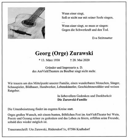 Traueranzeige Georg "Orge" Zurawski